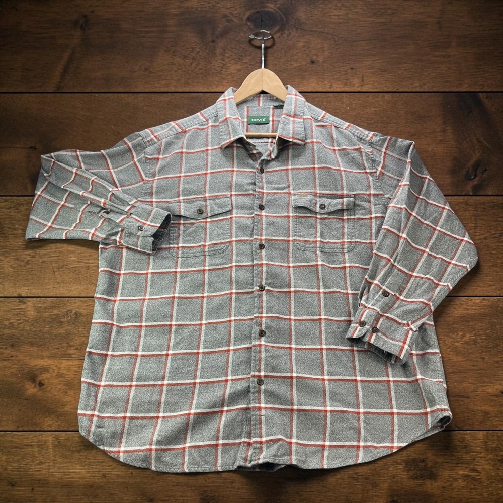 Orvis Mens XXL Grey Red Plaid Flannel Button Down Shirt 100% Cotton Long Sleeve